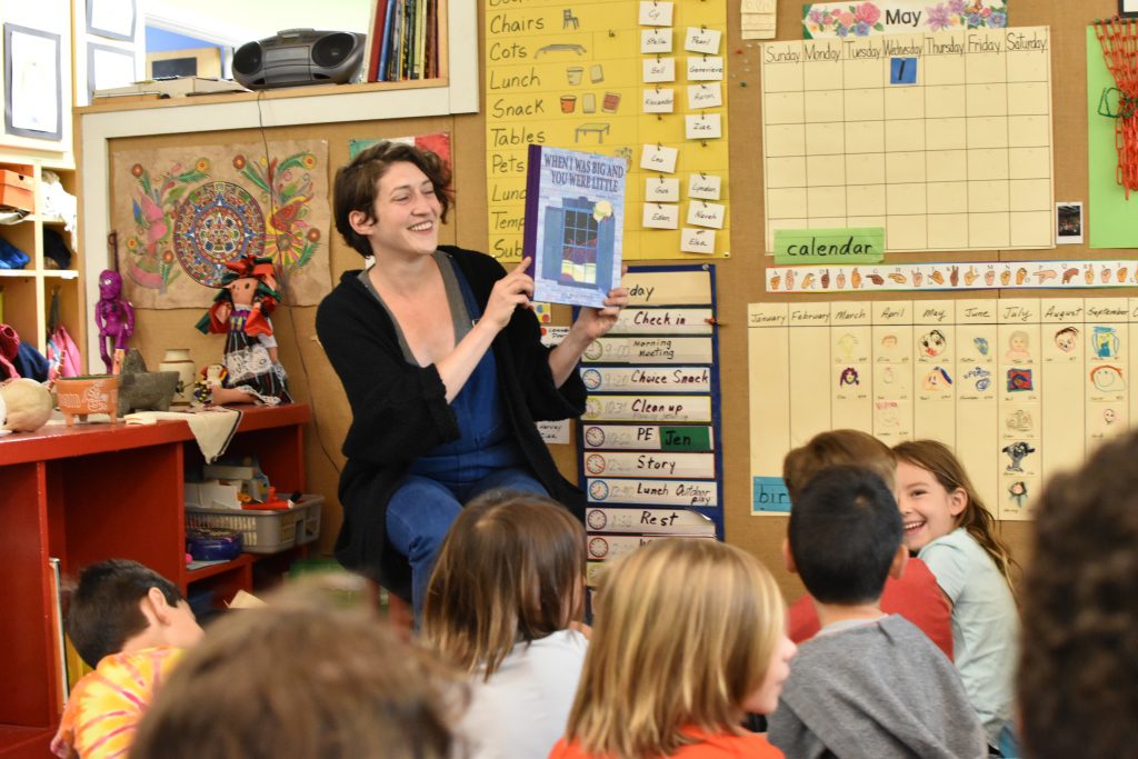 Rebecca Whipple '93 reads her new book, When I Was Big and Your Were Little, to Miquon Kindergartners on May 2.