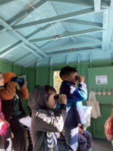 Photo of children using binoculars in a bird blind.